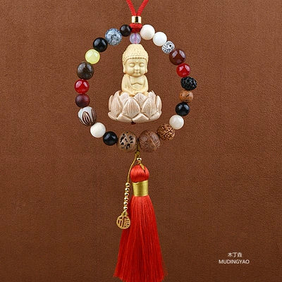 Eighteen Seed Bodhi Pendant Peach Wood Lotus Guanyin Small Buddha Car Safety Amulet Decoration Car Interior Pendant Wholesale (Car hanging) - little-buddhas-eighteen-sons-red-tassel