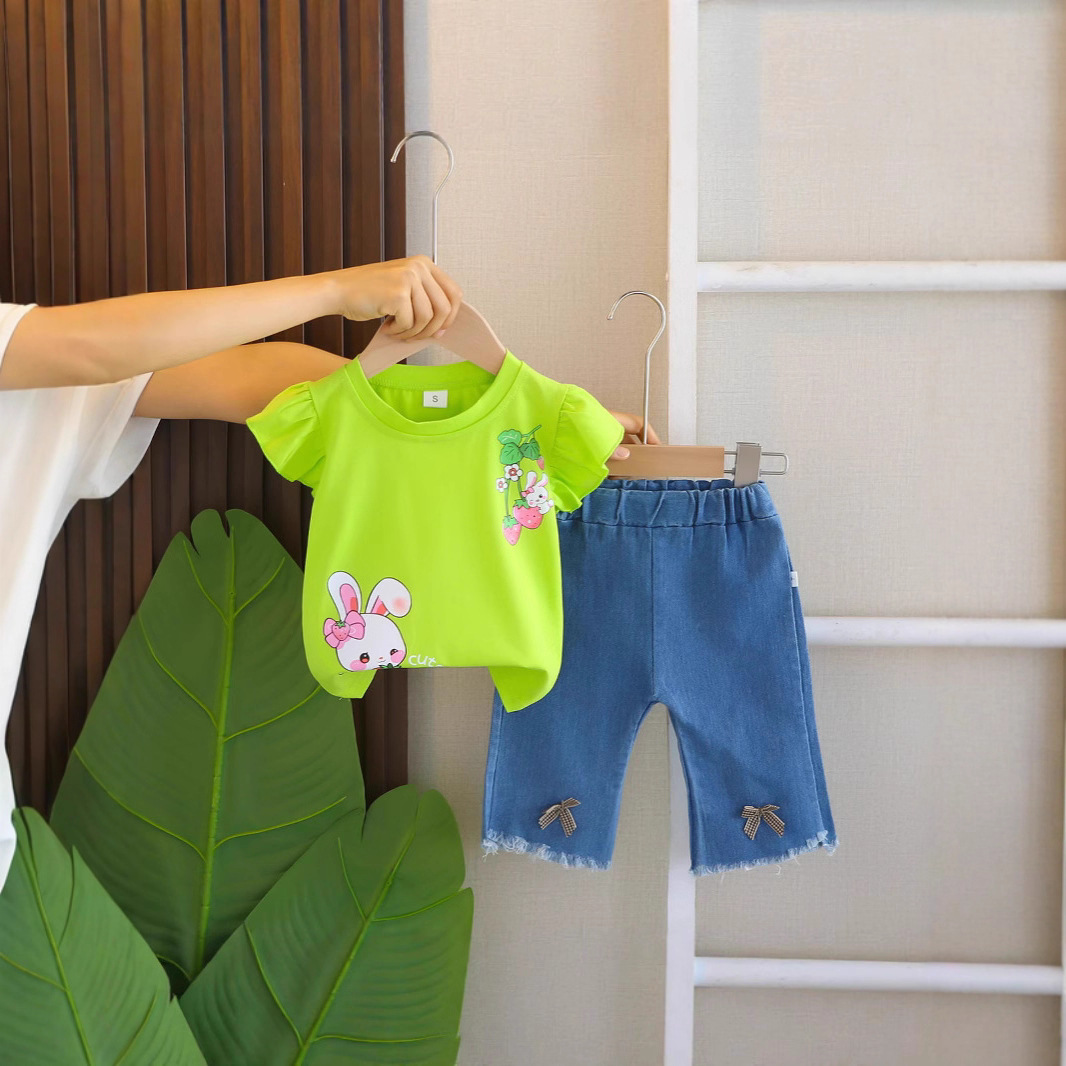 Girls 2025 Fashion Trendy New Suit Cartoon Short-Sleeved Summer Bunny Suit Kidsren's T-Shirt Korean Style Cotton