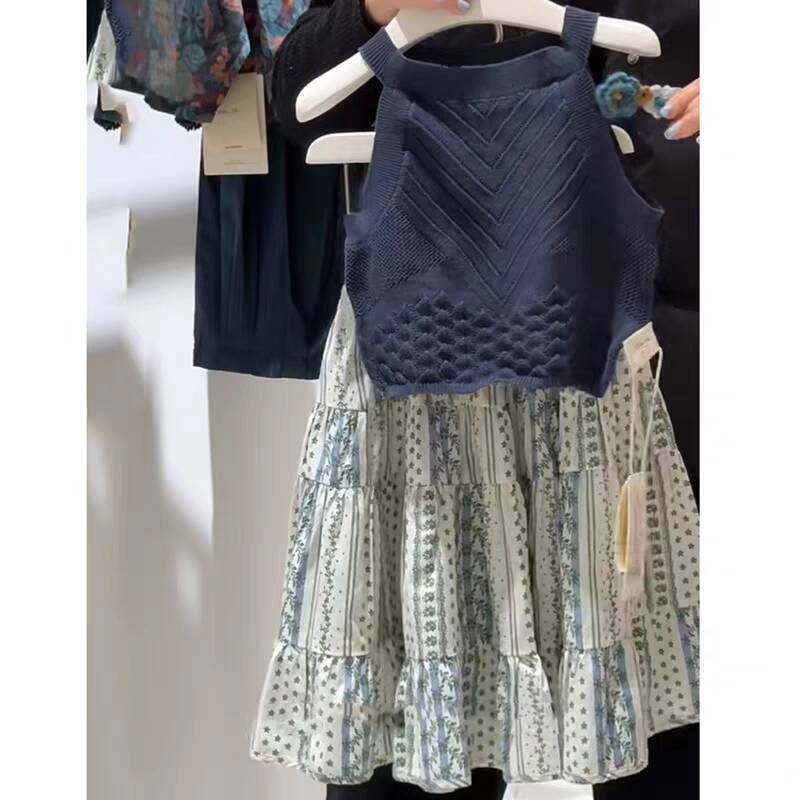 Summer set, summer clothing, knitted children's vest, ethnic skirt, children's clothing, high-quality style, ethnic style