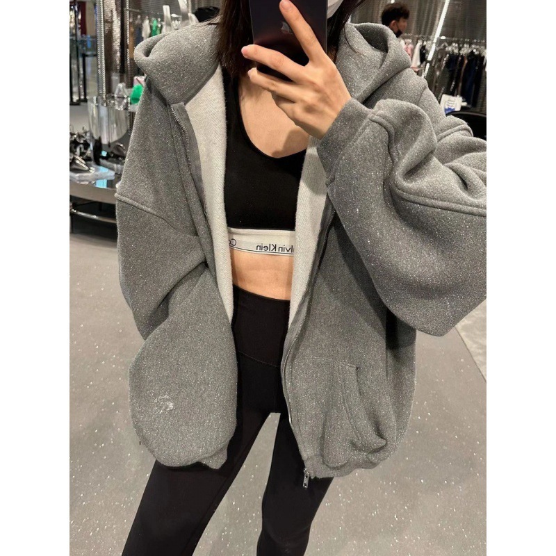 In stock! New large version star with glitter fleece-lined zipper hooded sweater coat winter suit