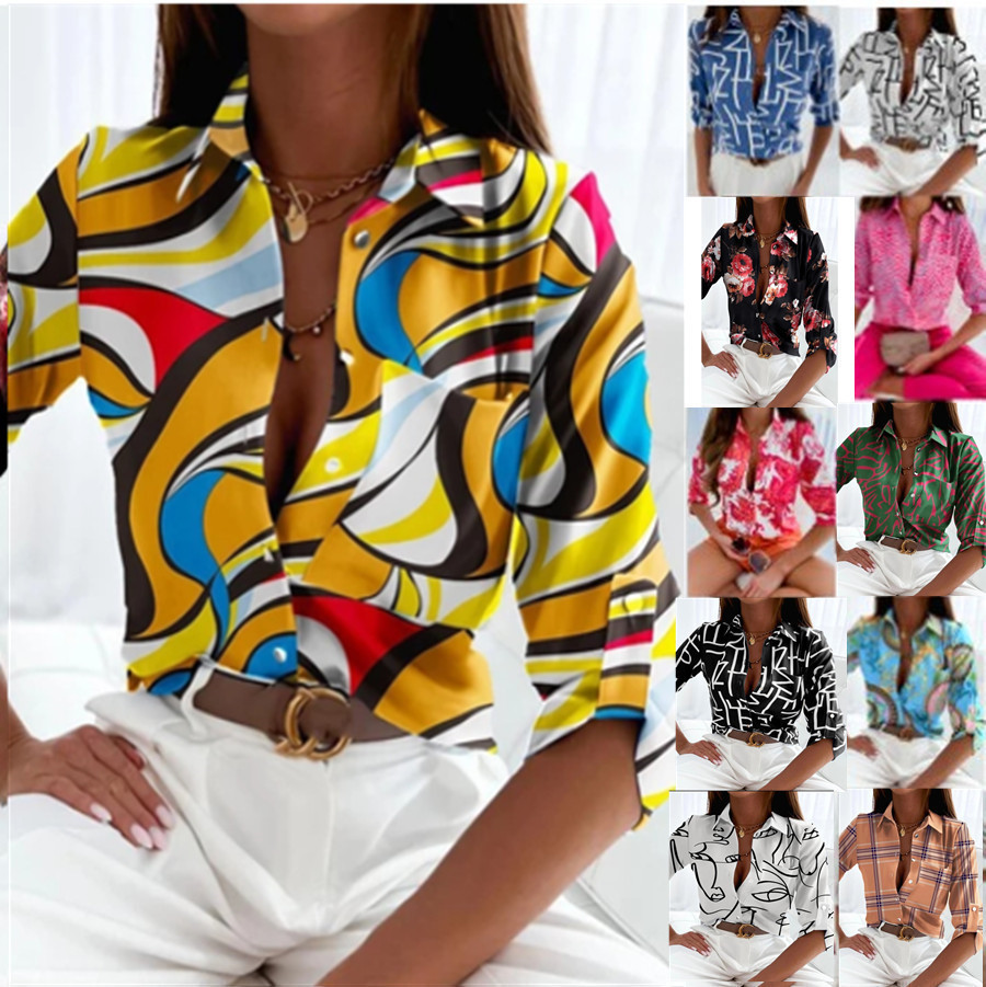 2025 Summer New Versatile Women's Shirt with European and American Style, Elegant Chiffon V-Neck Long-Sleeve Trendy Loose Blouse