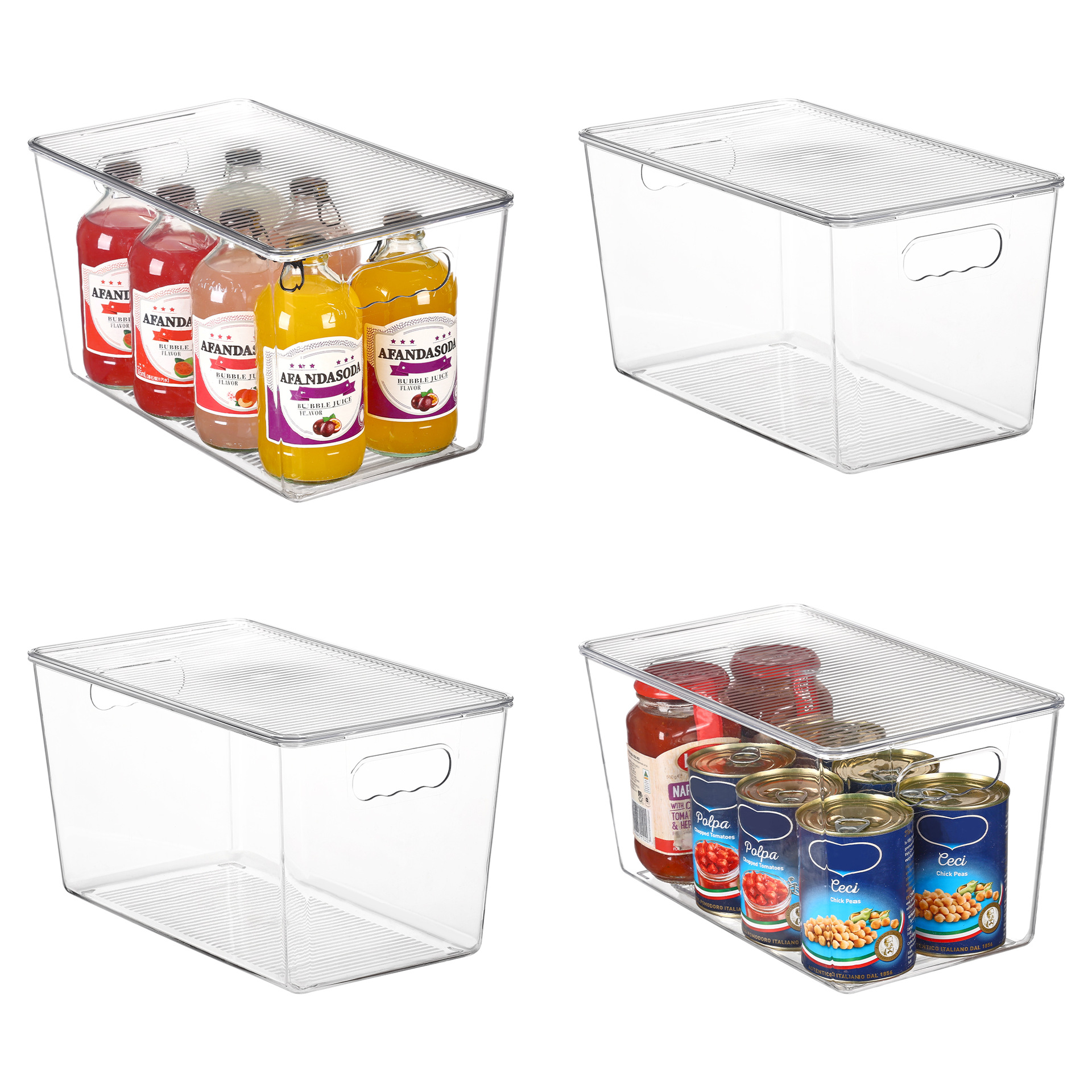 Caja de almacenamiento transparente apilable con asa y tapa, tamaño grande para cocina y dormitorio, artículo popular para almacenar y organizar alimentos.