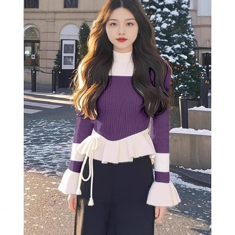 French Winter High-end Design Sense Knitted Top Stitching Super Good-looking Slim Elegant Gentle Style Elegant Sweater