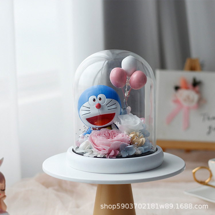 Regalo del Día de San Valentín al por mayor Doraemon eterna flor Rosa cubierta de vidrio decoración de la Oficina novia regalo de cumpleaños