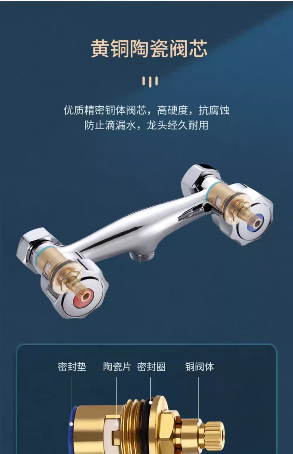 Double-switch shower head faucet, bathroom bathtub faucet, cold and hot fine copper double-handle double-control wall-mounted mixing valve Item Picture