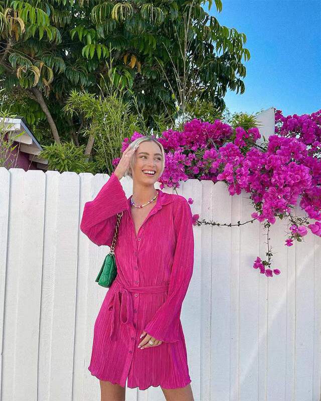 European and American 2022 spring and summer new pure color elegant fashion casual fine toothpick pleated shirt long sleeve dress