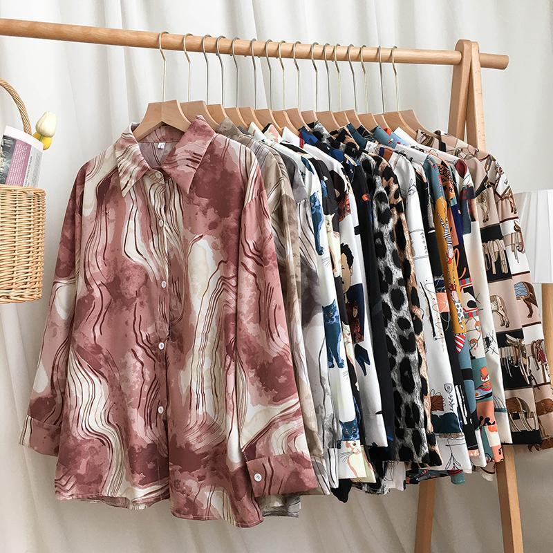 Personalized Printing~Retro Elegant Niche Hong Kong Style Long-Sleeved Shirt for Women Spring & Fall New Loose Casual Lapel Shirt