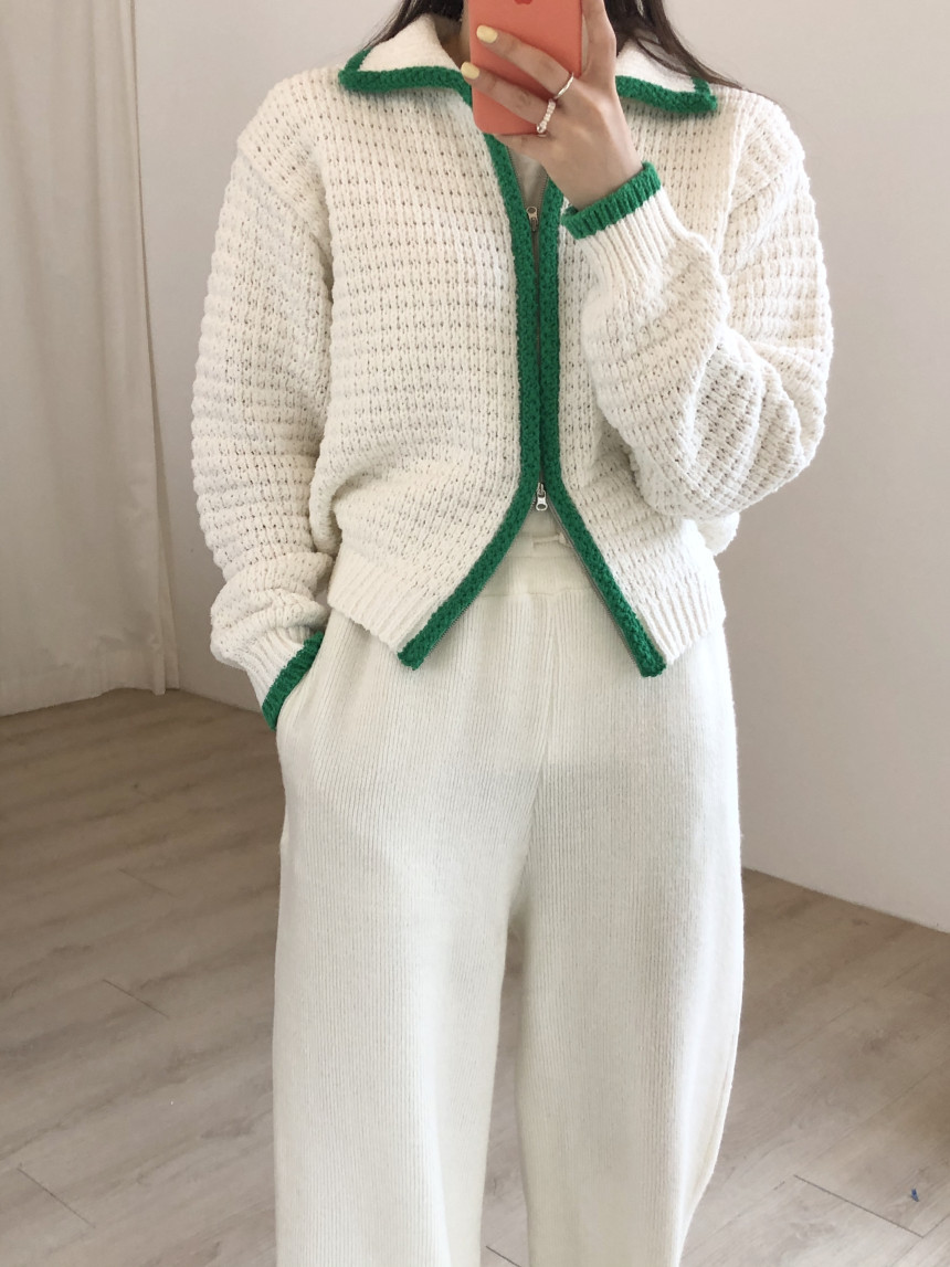 Contrast Thick Needle Zipper Cardigan Sweater Coat