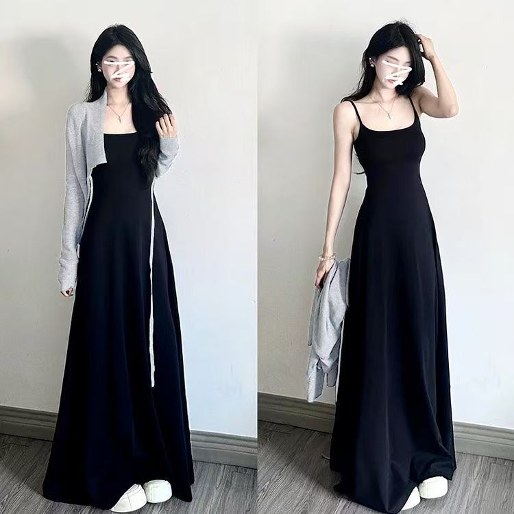 French Black Suspender Dress for Women in Summer with Small Seaside Vacation Temperament Slimming Long Skirt