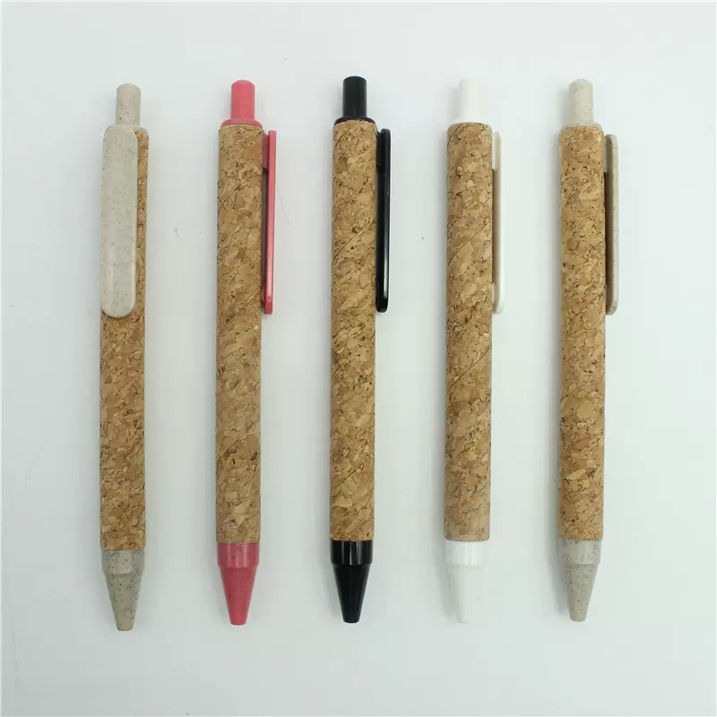 新款按动可降解麦秸秆笔花纹纸管软木笔圆珠笔可印刷中性笔