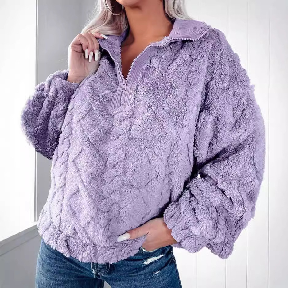 Women's Clothing simple solid color half zip stand collar loose plush pullover sweatshirt_voghion.com