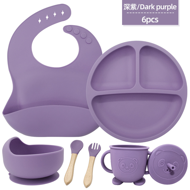 Juego de seis piezas de vajilla de silicona para niños, vajilla de alimentación para bebés para niños, tenedor, cuchara, ventosa, bolsa de arroz, taza de agua