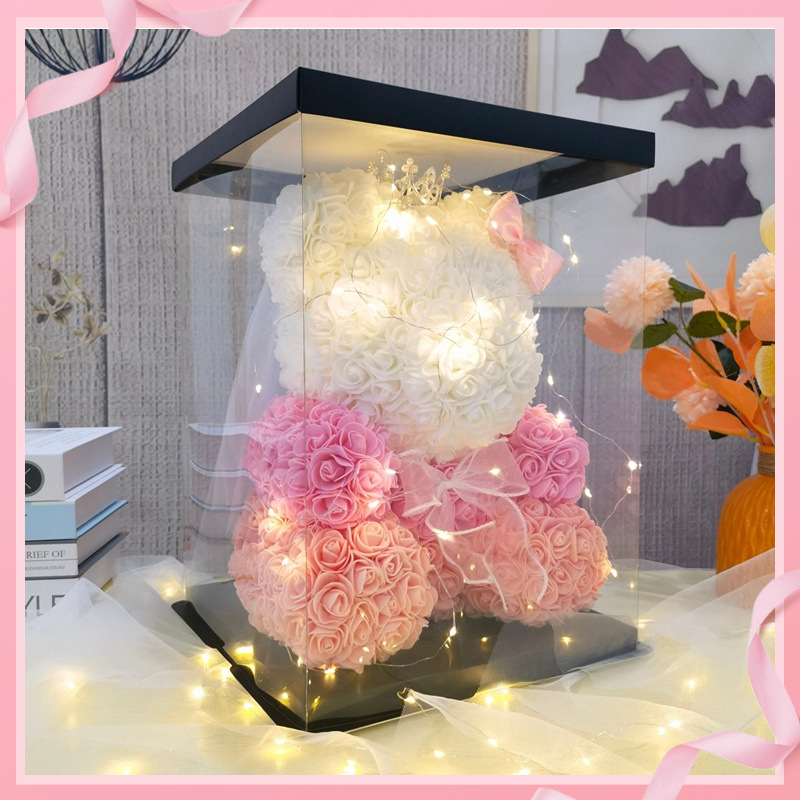 [핑크뷰티] 그라데이션 핑크 웨딩드레스 베어 + 선물상자 스트링 조명