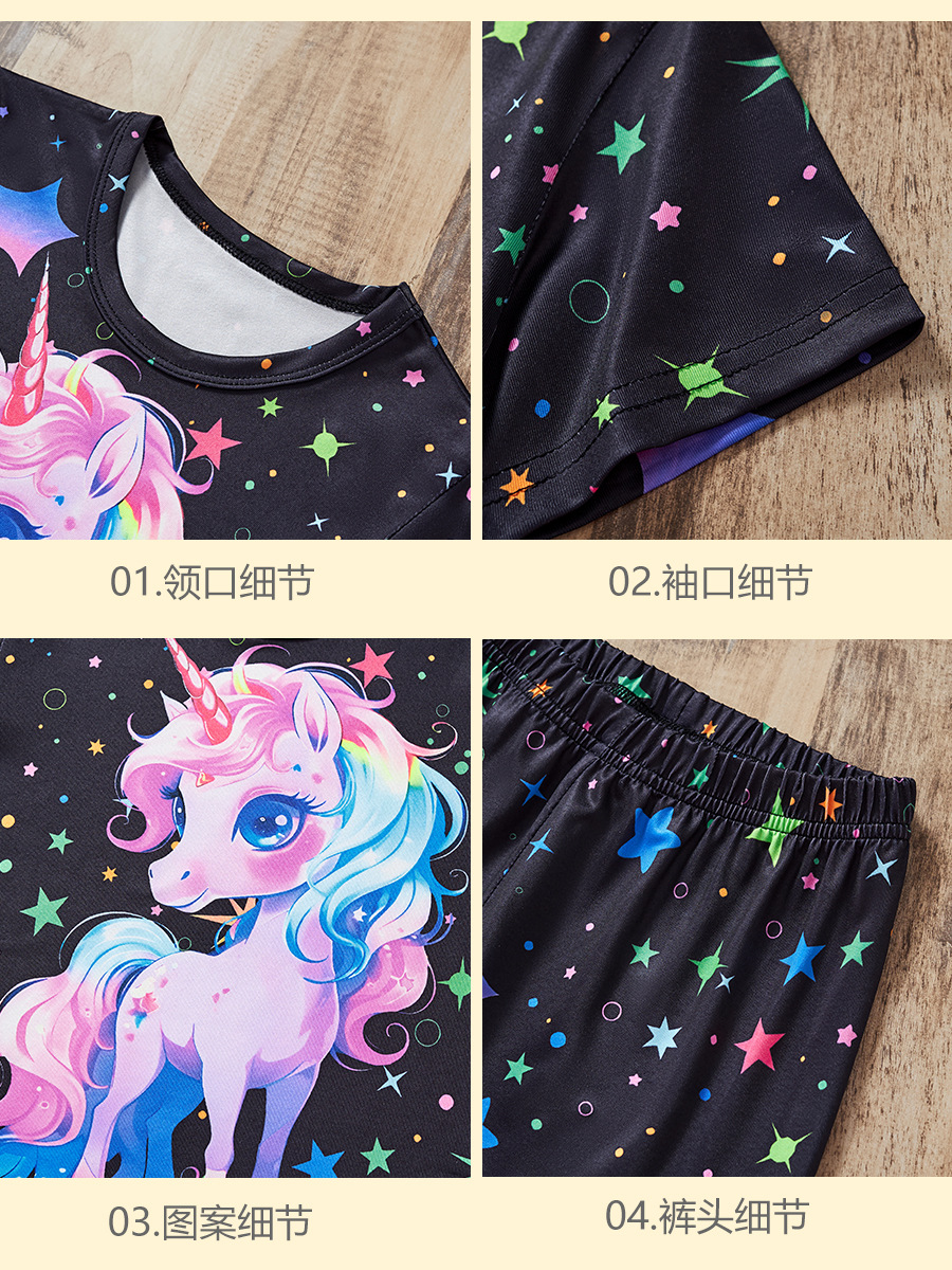 Ropa infantil transfronteriza, conjunto europeo y americano de primavera y verano, pantalón largo de manga corta, estampado fluorescente de unicornio de dibujos animados, stock europeo y americano disponible al por mayor.