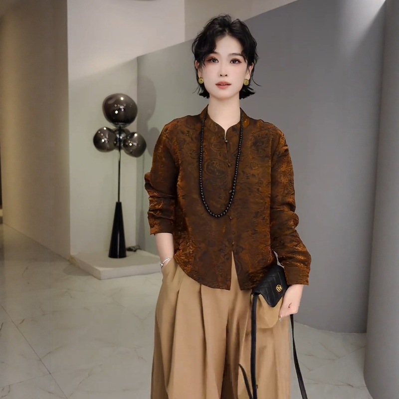 2025早秋复古新中式小立领单排扣长袖衬衫女暗纹提花气质百搭上衣|undefined