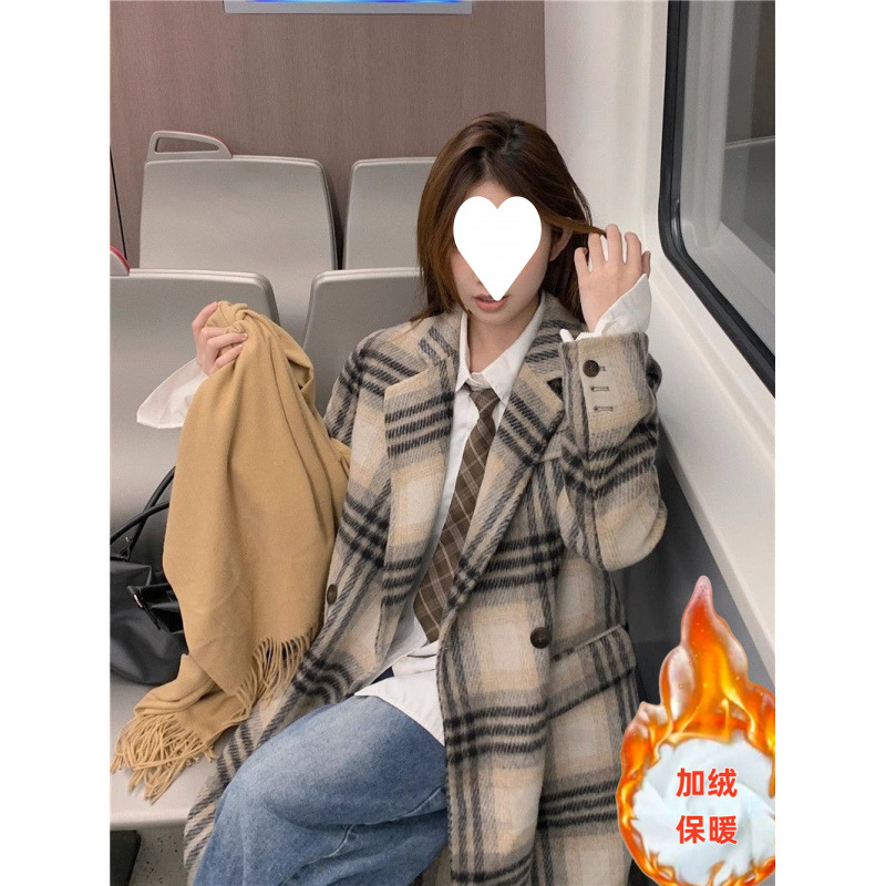 여성용 라펠 플레드 긴팔 윈드브레이커 재킷 겨울 기질 느슨한 중간 길이 상의 트렌디