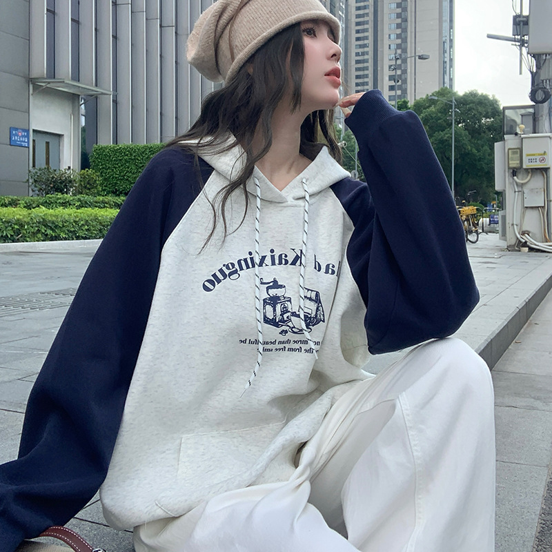 肥柒柒大码女装秋冬印花宽松型连帽卫衣拼色休闲卫衣 加绒加厚|undefined
