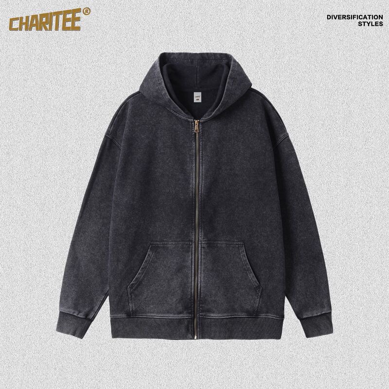 Cross-Border Men's Paris Autumn and Winter Cardigan Washed Vintage Hooded Zip-Up Sweatshirt Loose Ins Couple Distressed Trendy