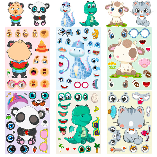 Cross-border 6 sheets/pack small animal puzzle stickers for children's early education, face-changing stickers, baby intelligence DIY early education puzzle stickers