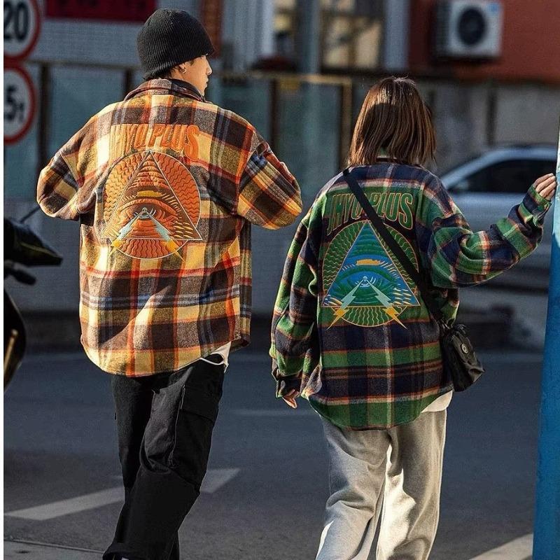 Japanese-Style Trendy Plaid Shirt for Men, Loose Trendy Brand Eye Embroidery Jacket, Heavy Shirt, Couple's Coat, Trendy New Style