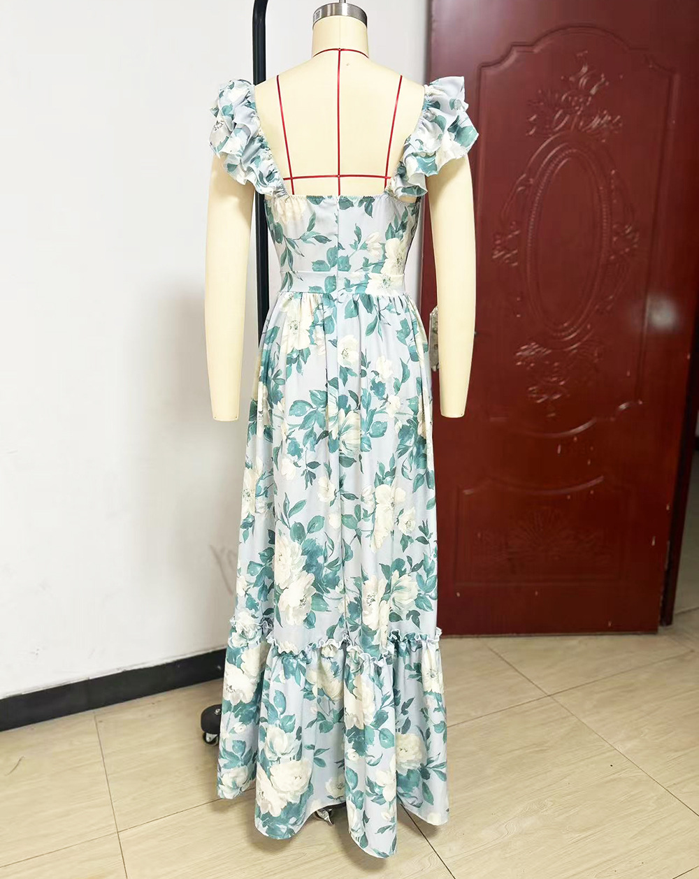 Women's Sexy Printed Deep V Ruffle Backless Top European American Style Summer Fashion Suspender Design_ecoleips.com