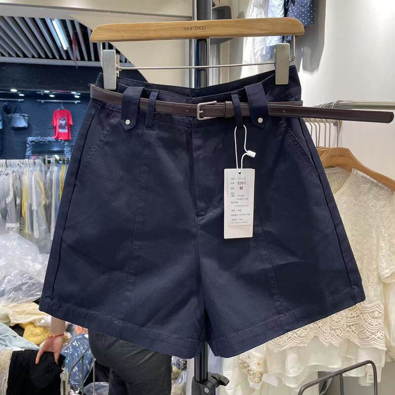 European-Style Navy Blue Washed Cotton Casual Shorts for Women, Summer Thin Loose Straight High-Waisted Versatile Wide-Leg Mid-Length Pants