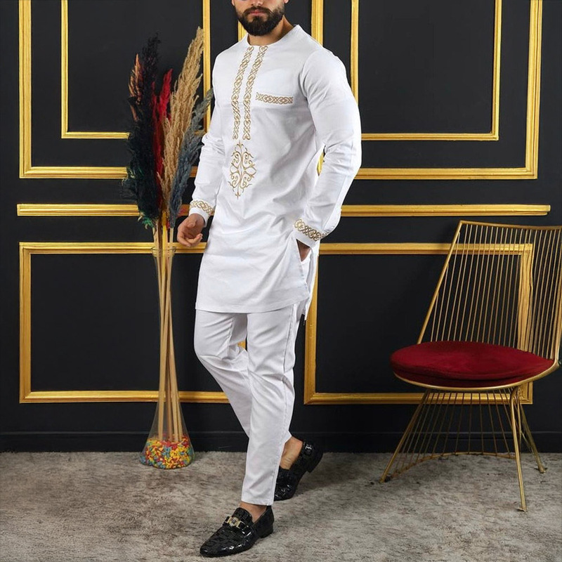 Cross-Border Men's Suit African Ethnic Style Long-Sleeved White Embroidered Traditional Clothing Men's Casual Holiday Suit