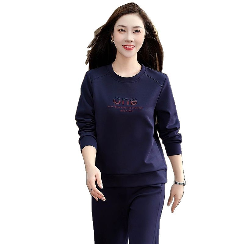 时尚休闲运动套装女2025新款春秋季洋气圆领妈妈装女士卫衣两件套|undefined