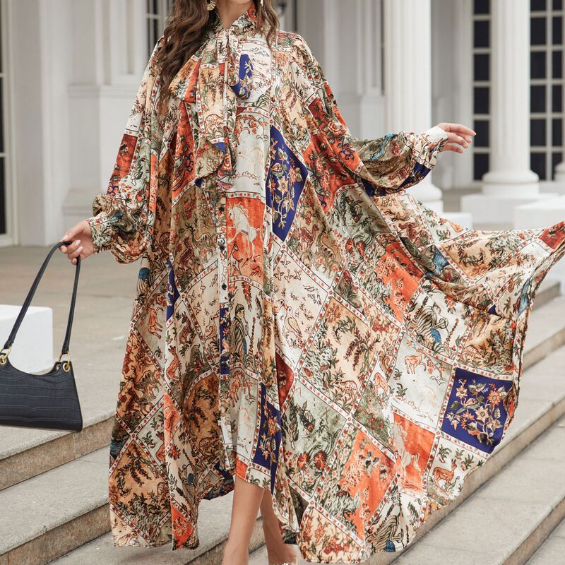 European and American Amazon profile cut lantern sleeve butterfly bow tie elegant girdle personalized satin print dress European and American Amazon profile cut lantern sleeve butterfly bow tie elegant girdle personalized satin print dress