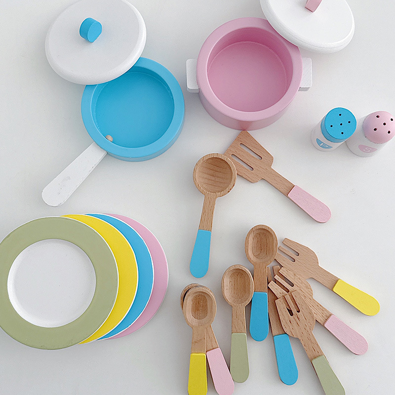 Juego de vajilla de estilo nórdico, juguetes de madera para niños, vajillas de colores, cucharas de sopa de madera, juguetes de cocina para el hogar