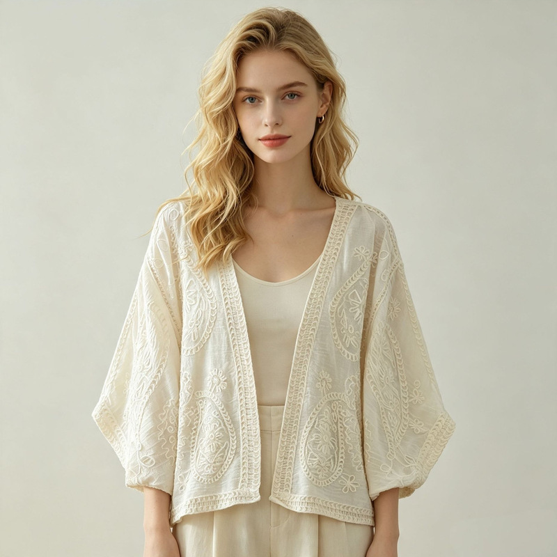 French-style Crochet Hollow Embroidered Lace Jacket for Women, Early Autumn Plus Size Batwing Sleeve Sun Protection Cardigan