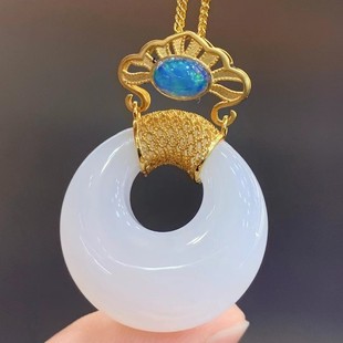 Fubei Diamond Jewelry [18K Gold Filigree Opal Inlaid Hetian White Jade Pendant] Loose Stone Size 22*22mm