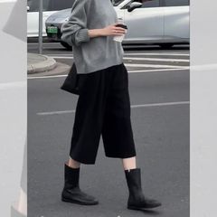 黒の七分丈ウールパンツ レディース ゆったりライン 2025秋冬新作 リラックスした雰囲気 厚手 カジュアル ワイドパンツ