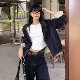 美式复古辣妹双面穿短款夹克外套女秋冬新款休闲宽松翻领条纹外套