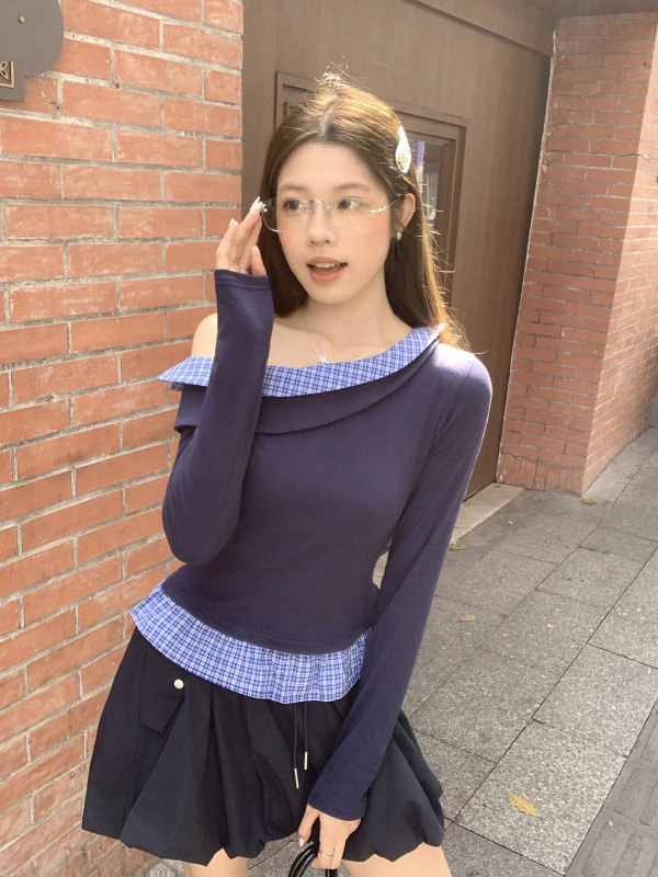 一字肩假两件格子拼接长袖T恤女2025早秋褶皱掐腰显瘦打底衫上衣|undefined