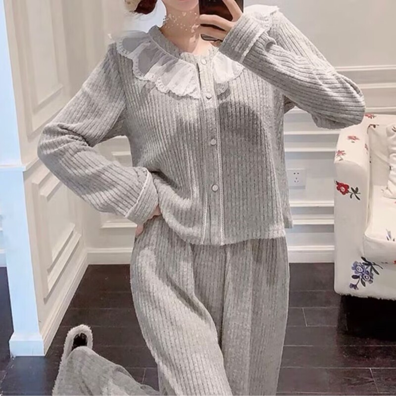 Source Factory Soft Cotton Velvet Autumn and Winter Haze Gray Self-Contained Padded Thick Long-Sleeve Long Pants Set Loungewear