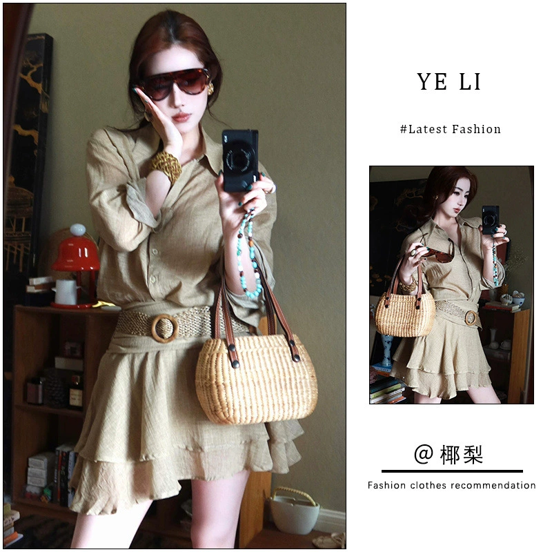 Женский костюм 2025, новый летний стиль, французский ретро, элегантный, высококачественная рубашка с V-образным вырезом и длинными рукавами, мини-юбка А-силуэта с высокой талией