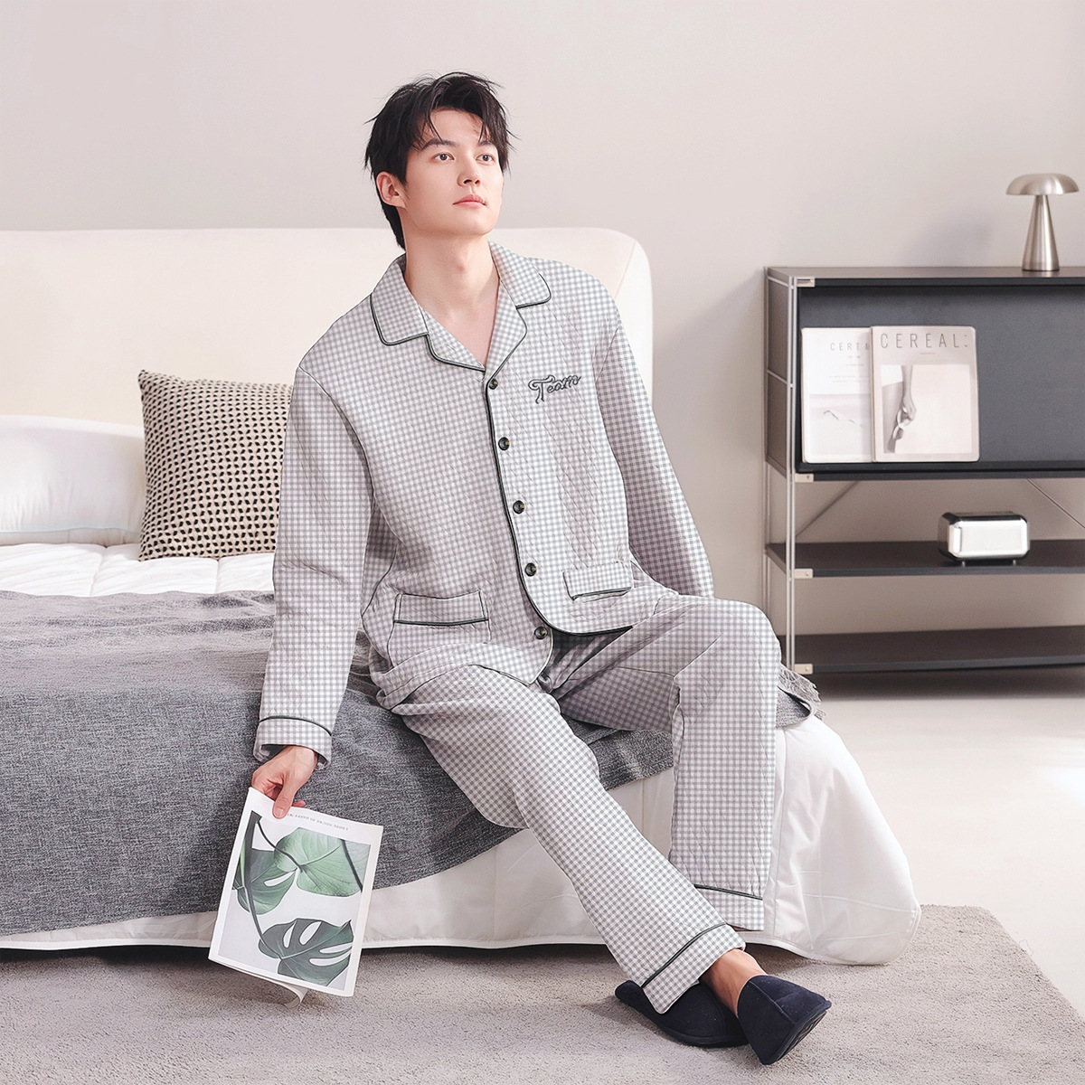 [Laminated Air Cotton] Three-Layer Thickeneded Warm Pajamas for Men with Lapels, Autumn and Winter Men's Pajamas, Home Wear