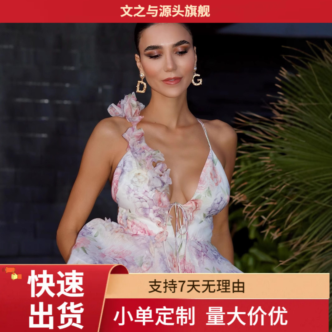 2025 여름 여성 국경 간 AliExpress 폭발 기질 달콤한 인쇄 백리스 스트랩 스커트 케이크 스커트