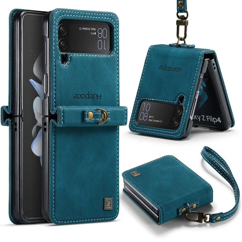 For New Samsung Z Flip4 Drop-resistant Phone Case Galaxy Z Flip5 Lanyard All-inclusive Phone Leather Case
