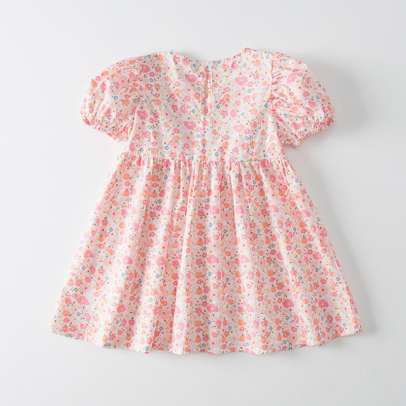 2022 Summer New Korean Bubble Sleeve Girls' Dress Square Neck Lace Floral Princess Skirt Short Sleeve Children's Dress