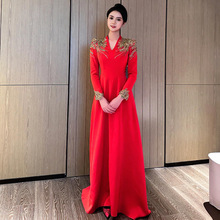 晚礼服主持人女高级感红色长袖年会合唱演出服民歌独唱声乐艺考裙