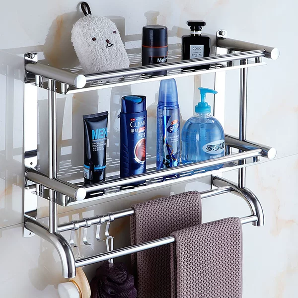 No Punching Stainless Steel Towel Rack Bathroom Toilet Toilet Double Layer Three-layer Double Rod Storage Rack Wall Hanging