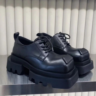 European soft leather color square head lace-up thick bottom muffin English style Booker small leather shoes for women with Lefu Shan Yang Ming