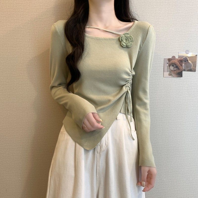 Long-Sleeved T-Shirt 2026 New Design with Drawstring Waist, Irregular and Unique Three-Dimensional Rose Flower Slim-Fit Knit Top