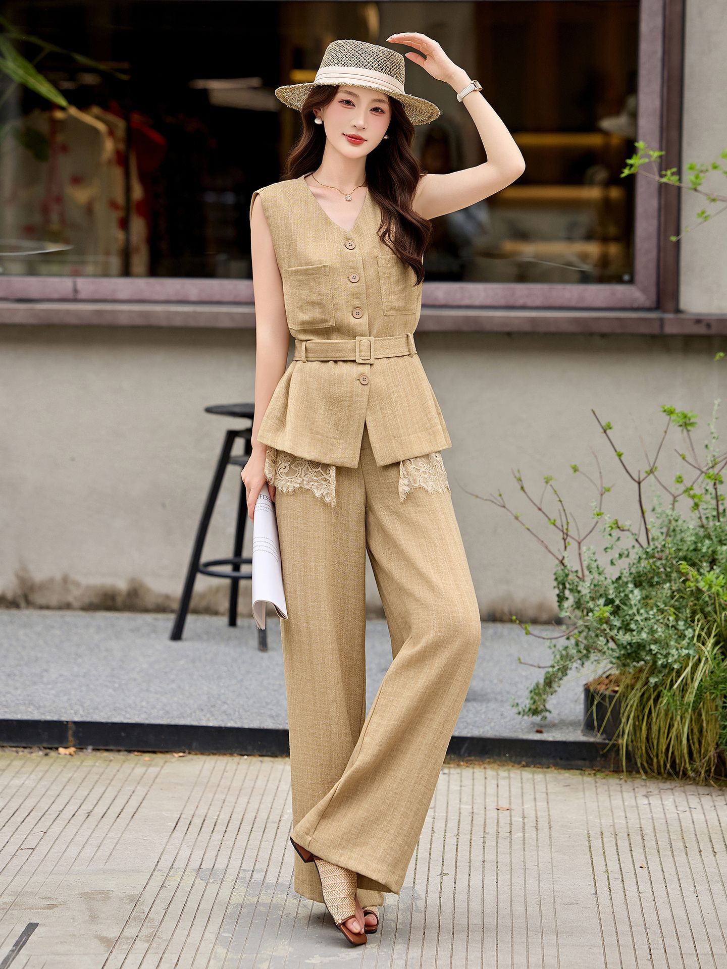 Bộ vest quần ống rộng nữ phối ren dây rút eo 2 món YH6133 — Màu ảnh