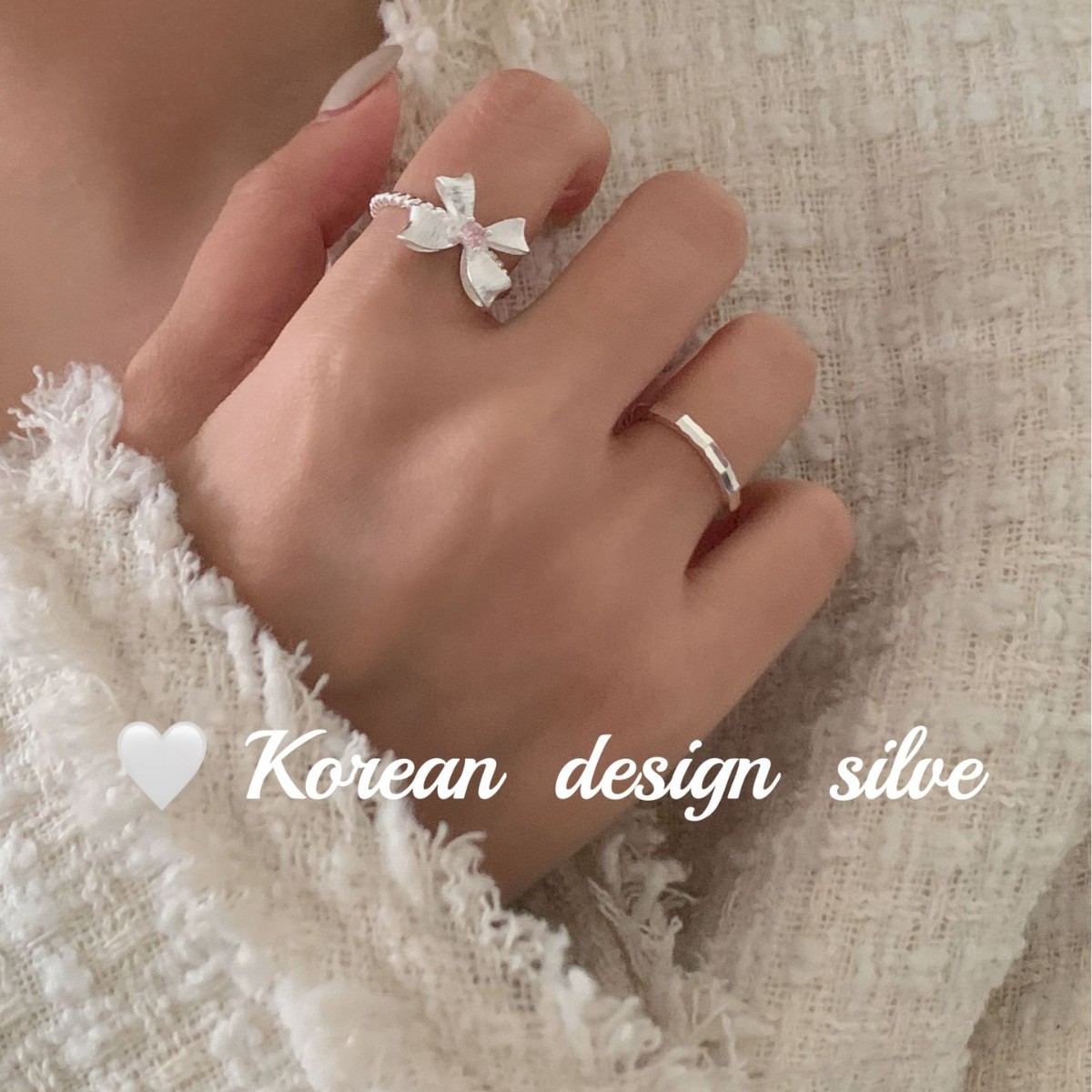 韓國南大門銀飾品 S925純銀蝴蝶結拉絲粉鑽戒指開口可調節指環女