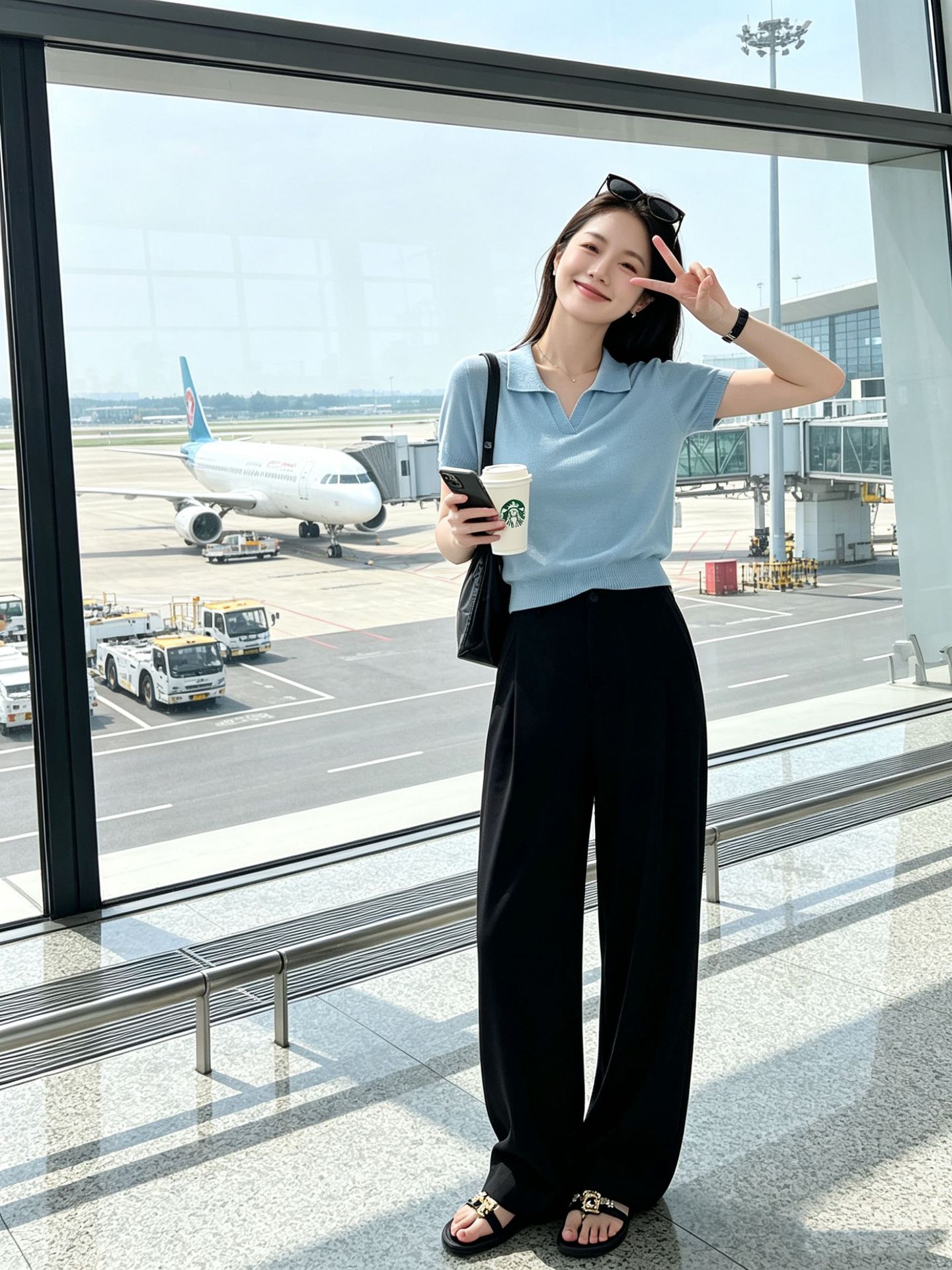Quần tây nữ ống rộng cạp cao dáng suông, chất liệu mát mẻ chống nhăn, phù hợp đi làm mùa hè — Mát mẻ, rũ và chống nhăn - màu xanh lơ đen (cạp chun) chi tiết 35