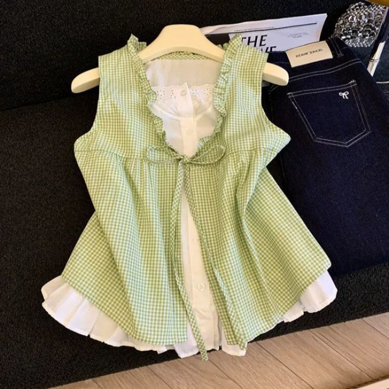 Summer Girl Style Fake Two-Piece Plaid Shirt for Women 2025 Summer Style with Tie Bow Doll Shirt with Ruffled Edges