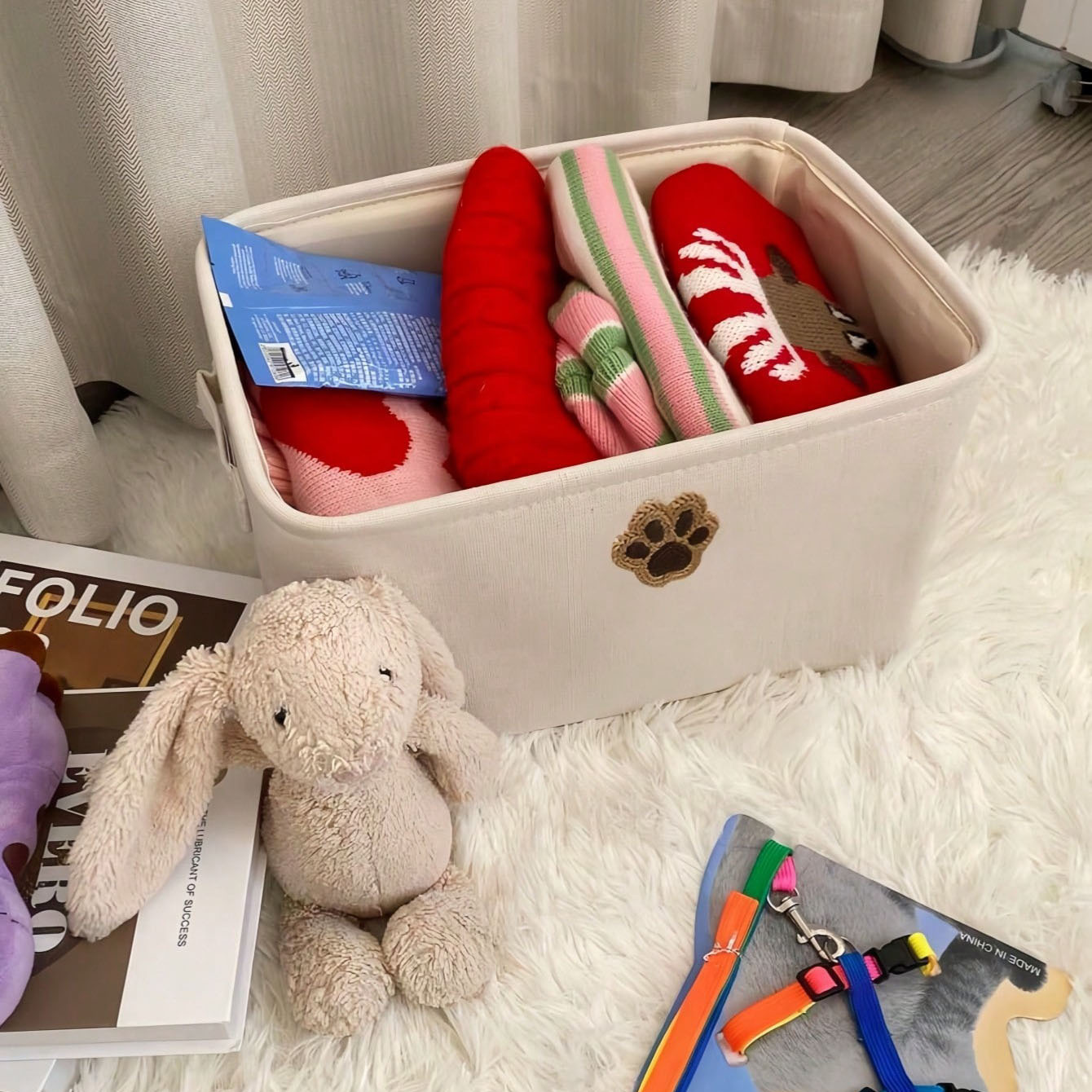 Beige Cloth Basket Dog Paw Pattern Storage Basket Household Sundries Storage Basket Toy Clothing Storage Basket Desktop Storage Basket